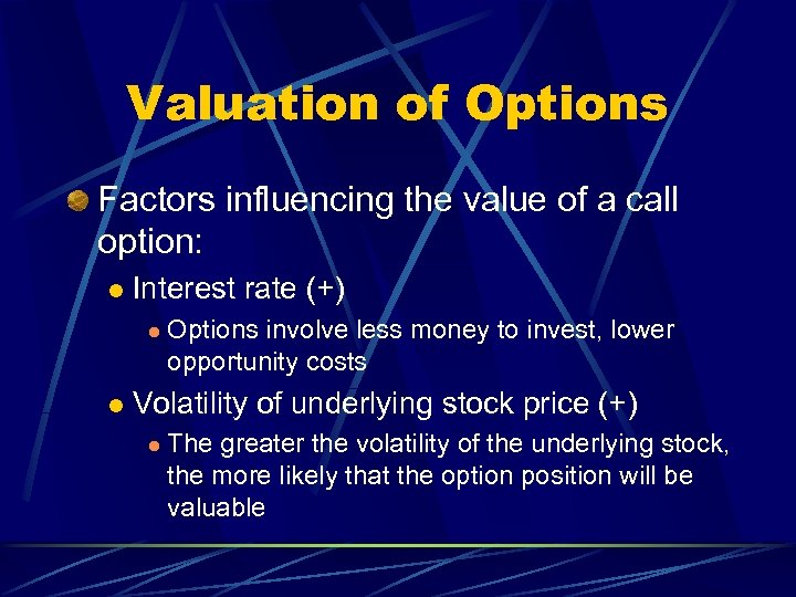 Valuation of Options Factors influencing the value of a call option: l Interest rate