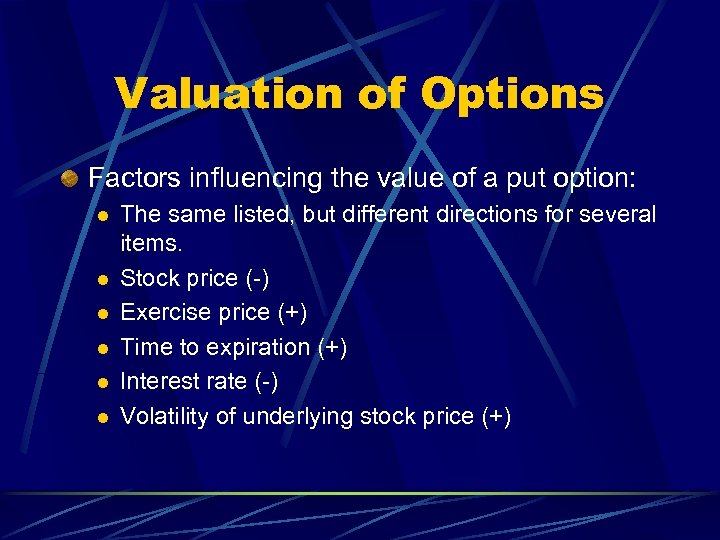 Valuation of Options Factors influencing the value of a put option: l l l