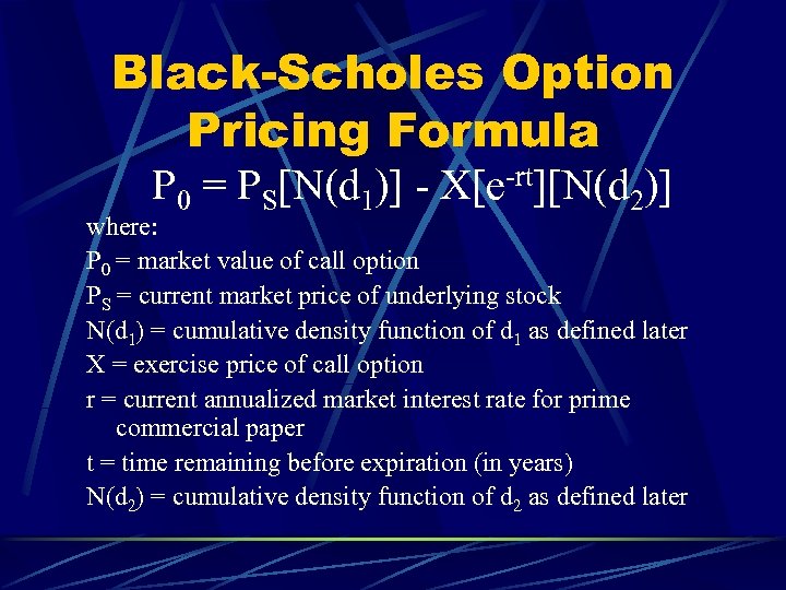 Black-Scholes Option Pricing Formula P 0 = PS[N(d 1)] - X[e-rt][N(d 2)] where: P