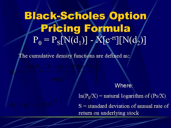 Black-Scholes Option Pricing Formula P 0 = PS[N(d 1)] - X[e-rt][N(d 2)] The cumulative