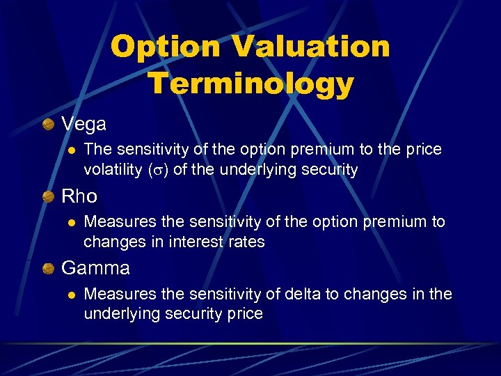 Option Valuation Terminology Vega l The sensitivity of the option premium to the price