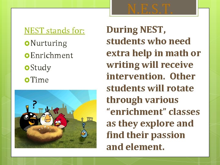 N. E. S. T. NEST stands for: Nurturing Enrichment Study Time During NEST, students