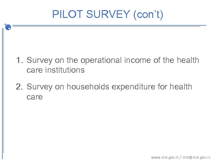 PILOT SURVEY (con’t) PILOT SURVEY 1. Survey on the operational income of the health