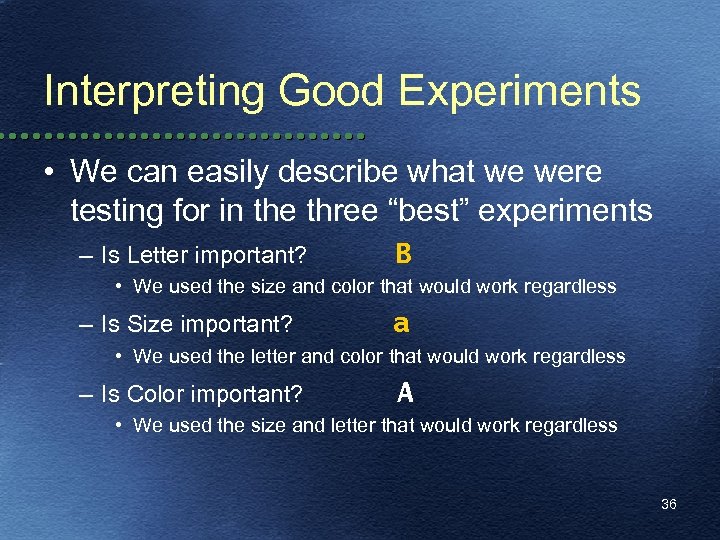 Interpreting Good Experiments • We can easily describe what we were testing for in