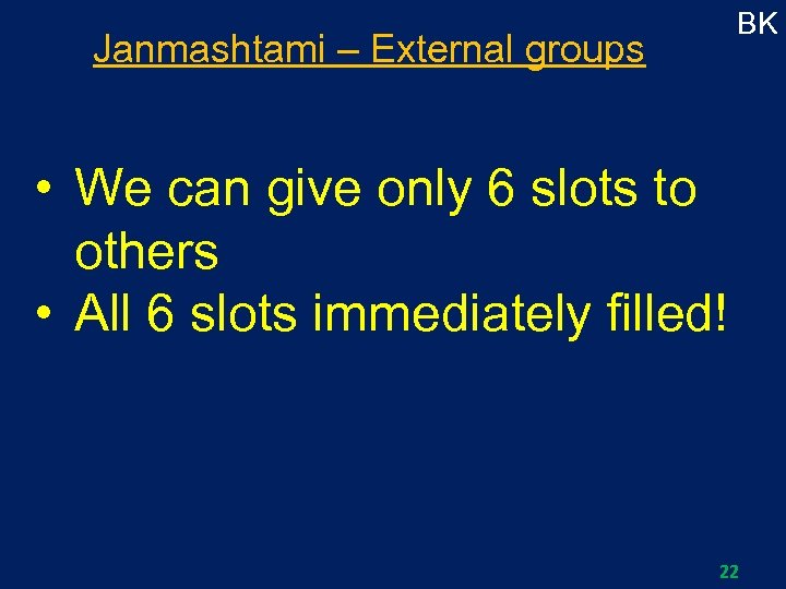 BK Janmashtami – External groups • We can give only 6 slots to others