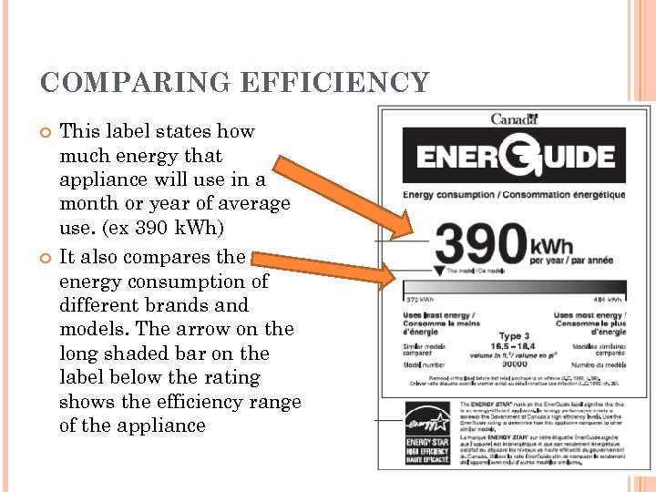 COMPARING EFFICIENCY This label states how much energy that appliance will use in a