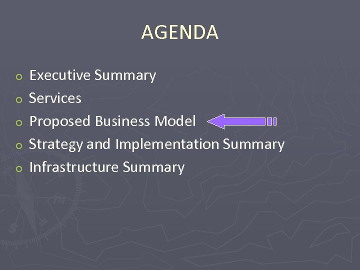 AGENDA o o o Executive Summary Services Proposed Business Model Strategy and Implementation Summary