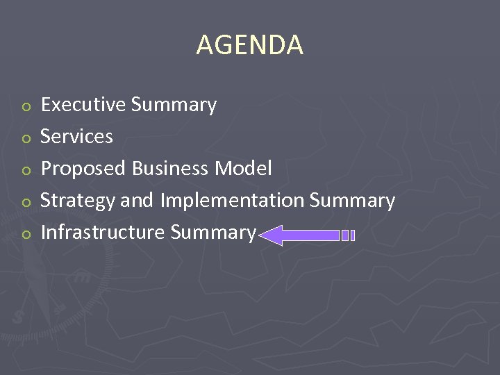 AGENDA o o o Executive Summary Services Proposed Business Model Strategy and Implementation Summary