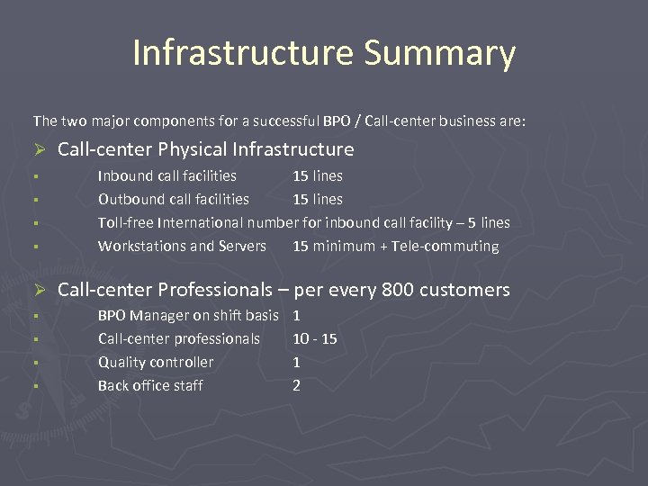 Infrastructure Summary The two major components for a successful BPO / Call-center business are: