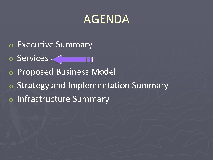 AGENDA o o o Executive Summary Services Proposed Business Model Strategy and Implementation Summary