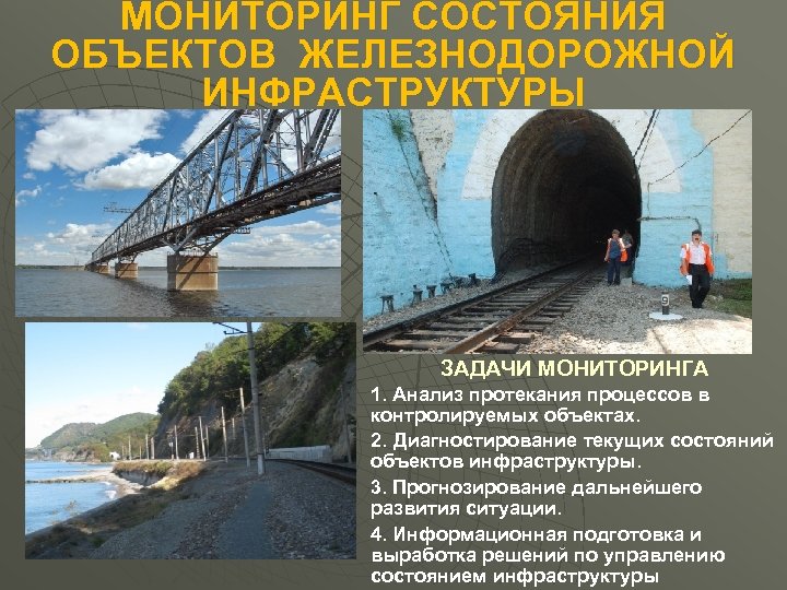 МОНИТОРИНГ СОСТОЯНИЯ ОБЪЕКТОВ ЖЕЛЕЗНОДОРОЖНОЙ ИНФРАСТРУКТУРЫ ЗАДАЧИ МОНИТОРИНГА 1. Анализ протекания процессов в контролируемых объектах.