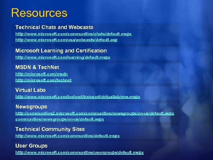 Resources Technical Chats and Webcasts http: //www. microsoft. com/communities/chats/default. mspx http: //www. microsoft. com/usa/webcasts/default.