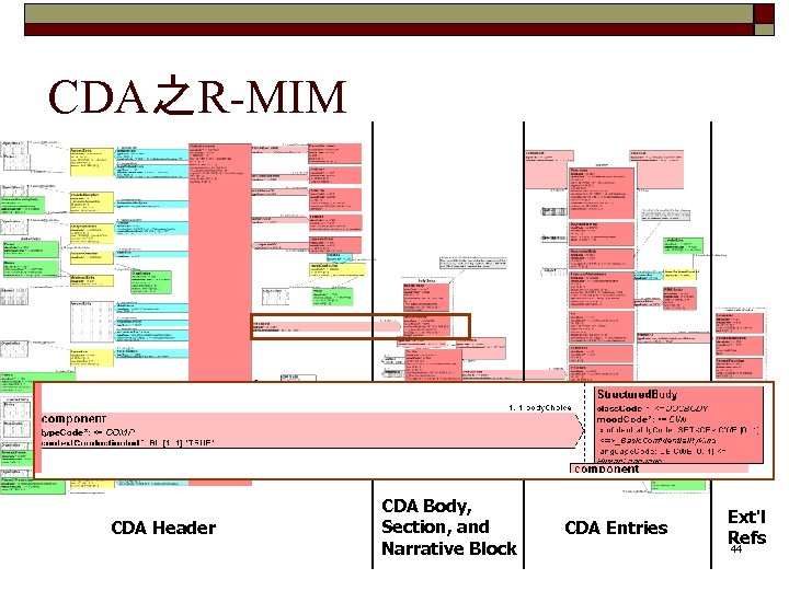 CDA之R-MIM CDA Header CDA Body, Section, and Narrative Block CDA Entries Ext'l Refs 44