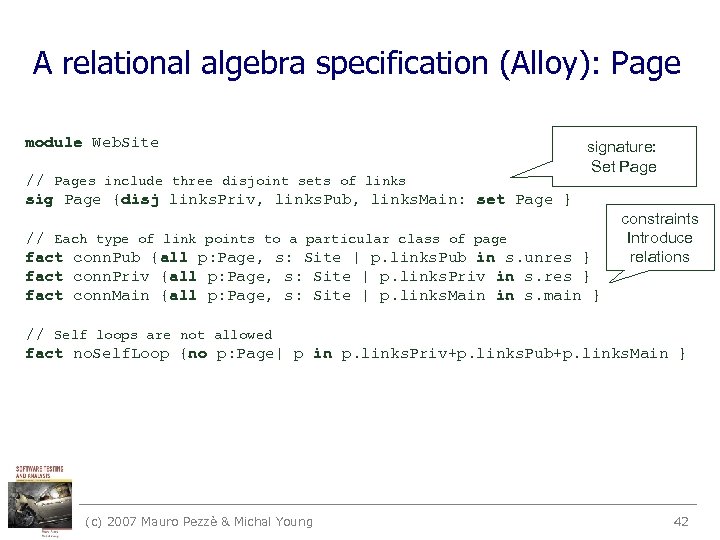 A relational algebra specification (Alloy): Page module Web. Site // Pages include three disjoint