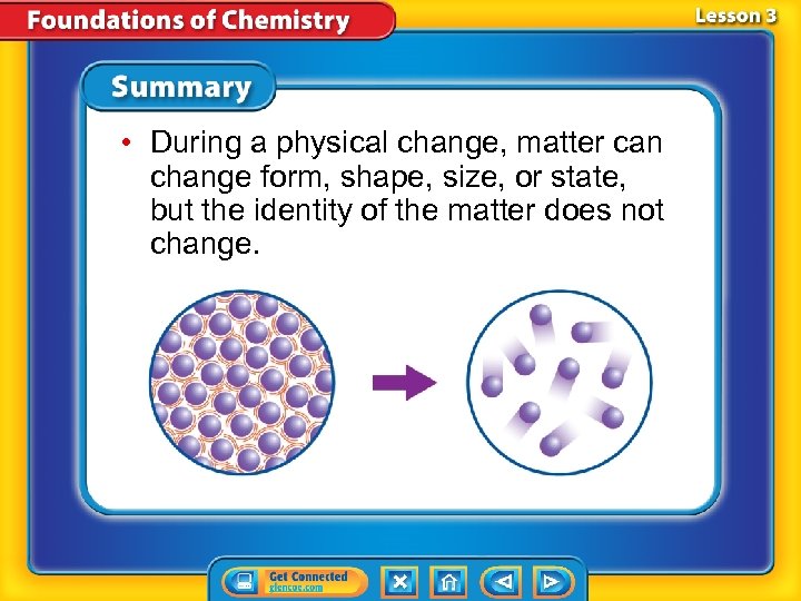  • During a physical change, matter can change form, shape, size, or state,
