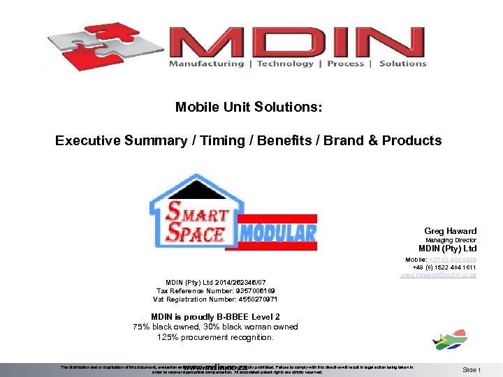 Mobile Unit Solutions: Executive Summary / Timing / Benefits / Brand & Products Greg