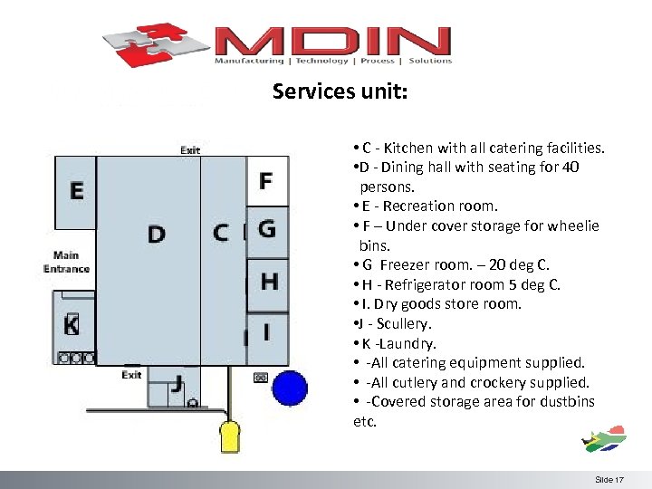 Services unit: • C - Kitchen with all catering facilities. • D - Dining