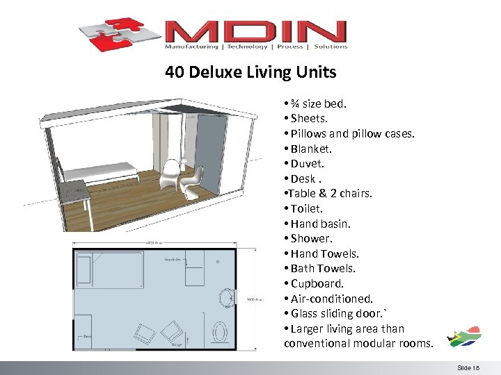 40 Deluxe Living Units • ¾ size bed. • Sheets. • Pillows and pillow