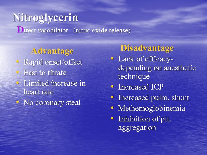 Nitroglycerin Direct vasodilator (nitric oxide release) Advantage • Rapid onset/offset • East to titrate