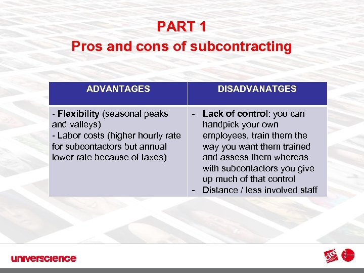 PART 1 Pros and cons of subcontracting 3 ADVANTAGES DISADVANATGES - Flexibility (seasonal peaks