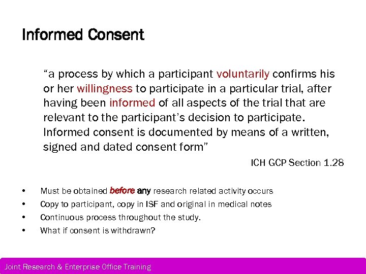 Informed Consent “a process by which a participant voluntarily confirms his or her willingness