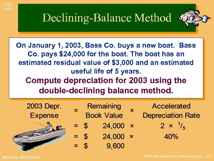 Slide 9 -20 Declining-Balance Method On January 1, 2003, Bass Co. buys a new