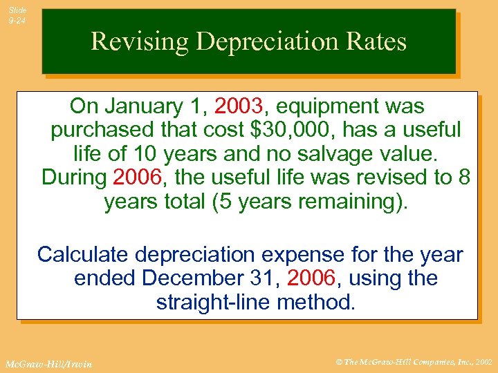 Slide 9 -24 Revising Depreciation Rates On January 1, 2003, equipment was purchased that