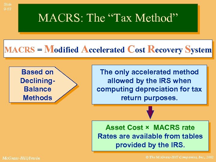 Slide 9 -53 MACRS: The “Tax Method” MACRS = Modified Accelerated Cost Recovery System