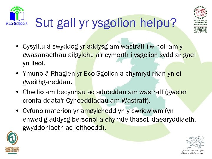 Sut gall yr ysgolion helpu? • Cysylltu â swyddog yr addysg am wastraff i'w