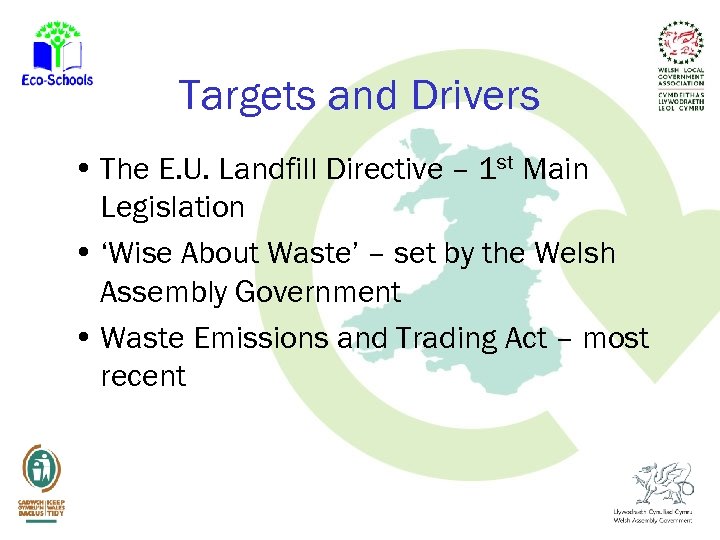 Targets and Drivers • The E. U. Landfill Directive – 1 st Main Legislation