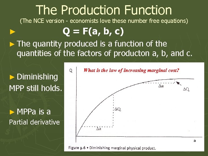 The Production Function (The NCE version - economists love these number free equations) Q