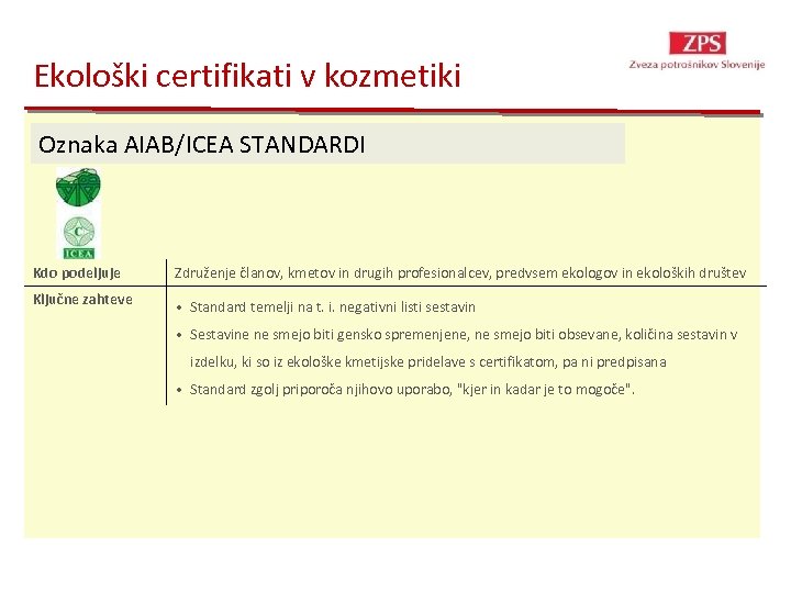 Ekološki certifikati v kozmetiki Oznaka AIAB/ICEA STANDARDI Kdo podeljuje Združenje članov, kmetov in drugih