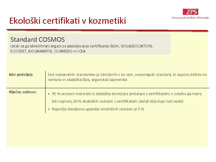 Ekološki certifikati v kozmetiki Standard COSMOS Izdali so ga akreditirani organi za podeljevanje certifikatov