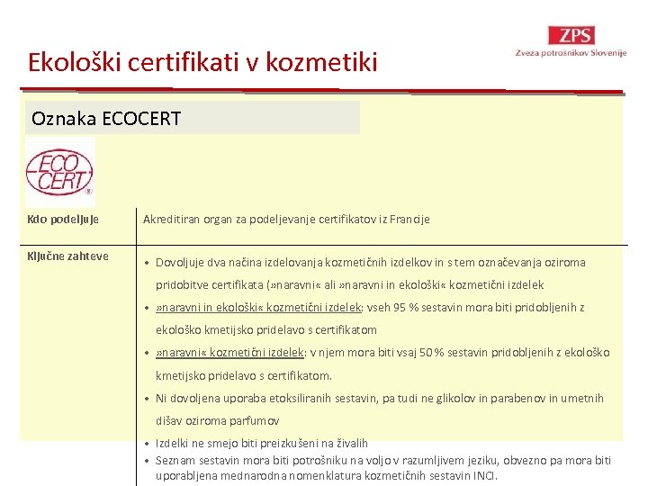 Ekološki certifikati v kozmetiki Oznaka ECOCERT Kdo podeljuje Akreditiran organ za podeljevanje certifikatov iz
