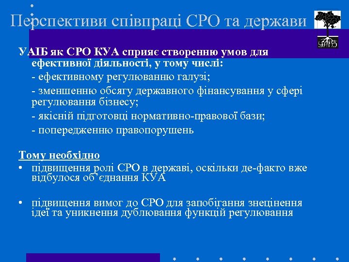 Перспективи співпраці СРО та держави УАІБ як СРО КУА сприяє створенню умов для ефективної