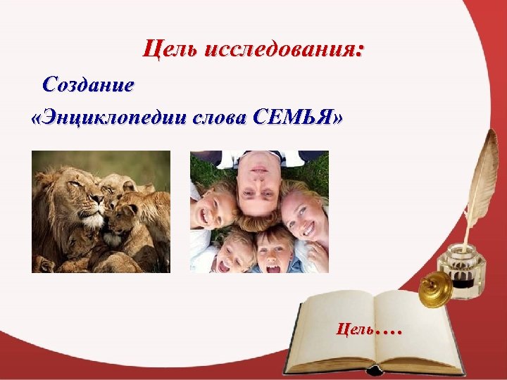 Цель исследования: Создание «Энциклопедии слова СЕМЬЯ» Цель…. 