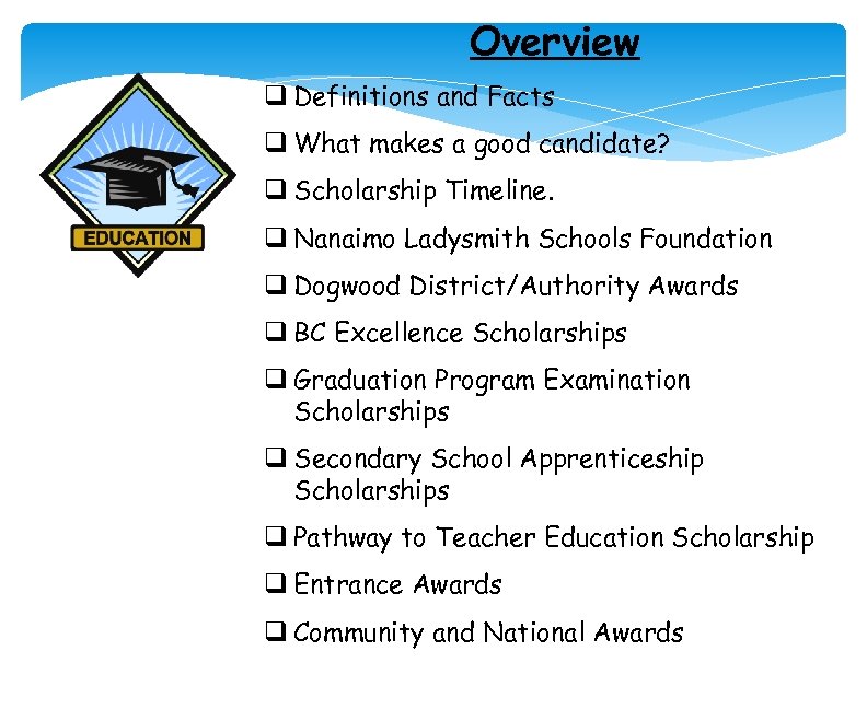 Overview q Definitions and Facts q What makes a good candidate? q Scholarship Timeline.