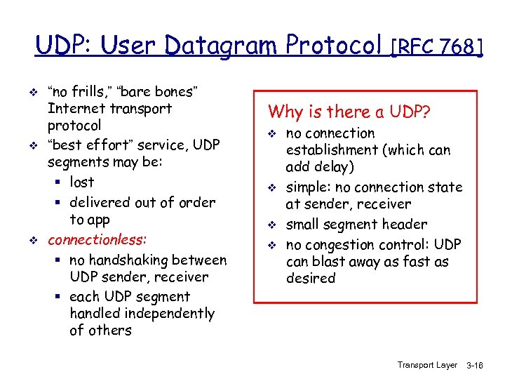 UDP: User Datagram Protocol v v v “no frills, ” “bare bones” Internet transport