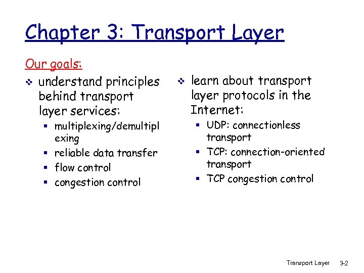 Chapter 3: Transport Layer Our goals: v understand principles behind transport layer services: §