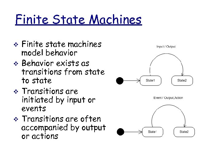 Finite State Machines v v Finite state machines model behavior Behavior exists as transitions