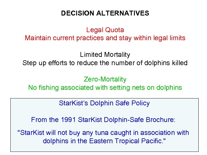 DECISION ALTERNATIVES Legal Quota Maintain current practices and stay within legal limits Limited Mortality