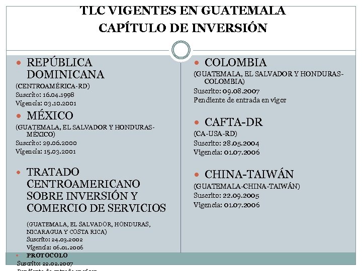 TLC VIGENTES EN GUATEMALA CAPÍTULO DE INVERSIÓN REPÚBLICA COLOMBIA (CENTROAMÉRICA-RD) Suscrito: 16. 04. 1998