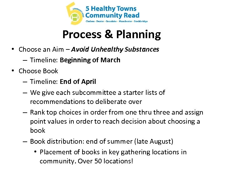 Process & Planning • Choose an Aim – Avoid Unhealthy Substances – Timeline: Beginning