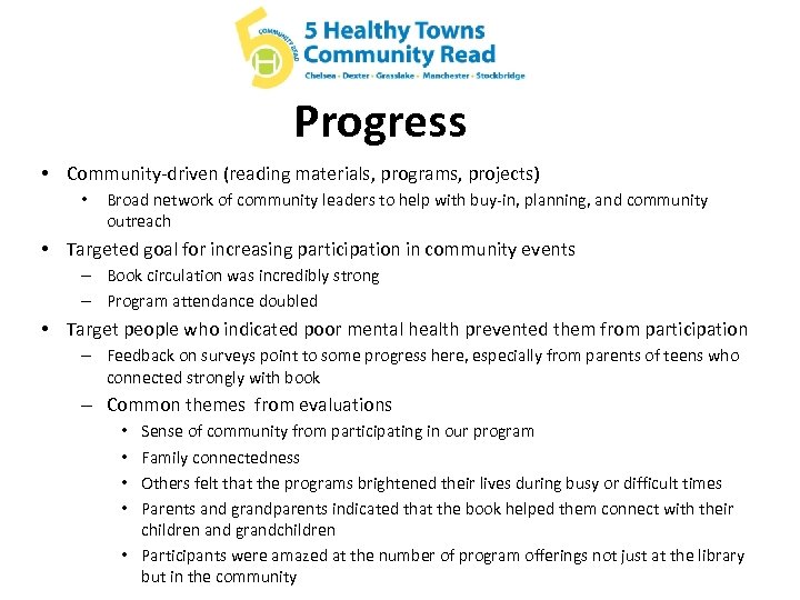 Progress • Community-driven (reading materials, programs, projects) • Broad network of community leaders to