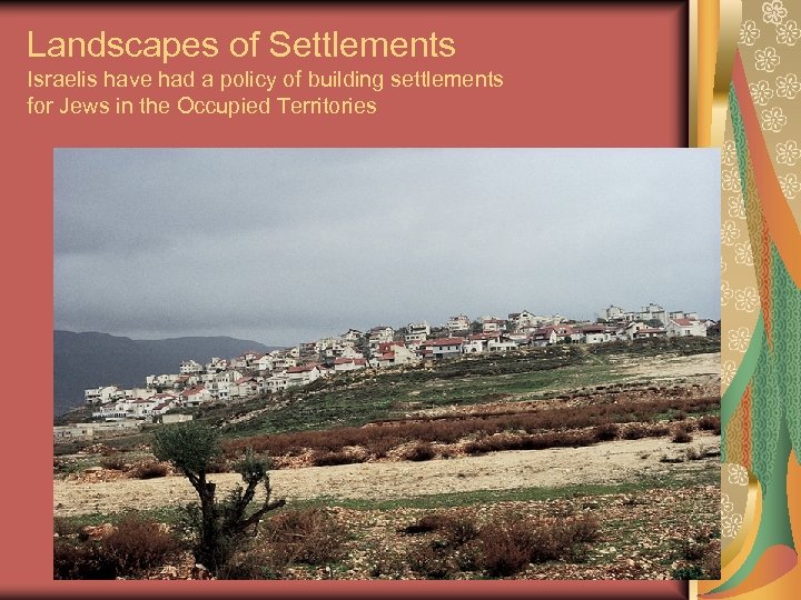 Landscapes of Settlements Israelis have had a policy of building settlements for Jews in