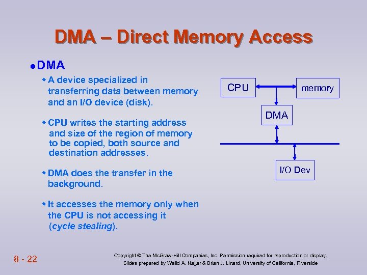 DMA – Direct Memory Access l DMA w A device specialized in transferring data