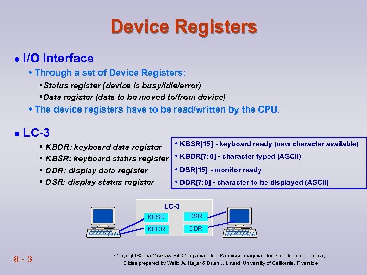 Device Registers l I/O Interface w Through a set of Device Registers: §Status register