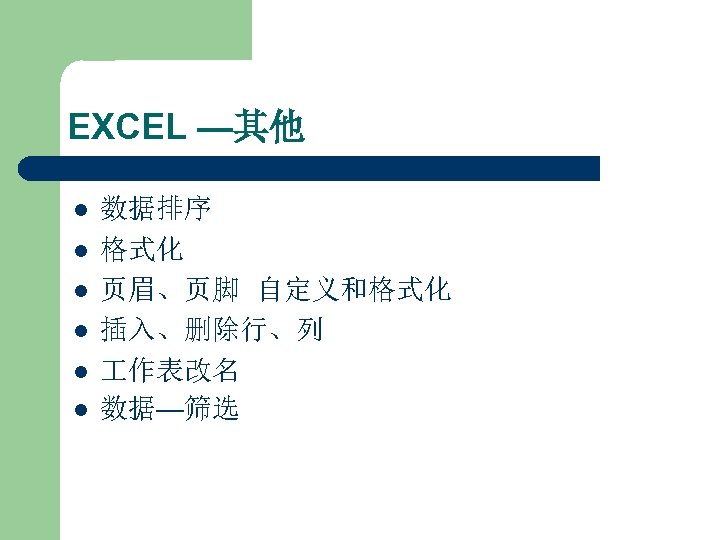 EXCEL —其他 l l l 数据排序 格式化 页眉、页脚 自定义和格式化 插入、删除行、列 作表改名 数据—筛选 