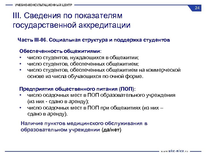 24 III. Сведения по показателям государственной аккредитации Часть III-06. Социальная структура и поддержка студентов