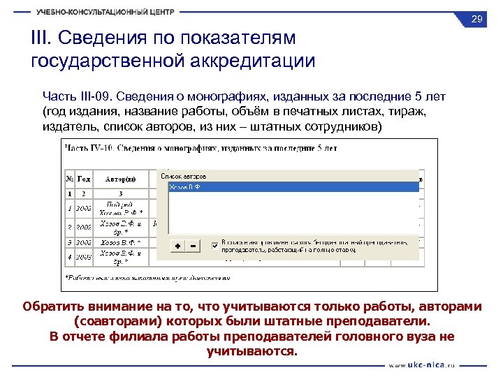 29 III. Сведения по показателям государственной аккредитации Часть III-09. Сведения о монографиях, изданных за